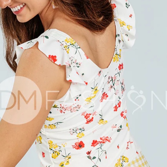 DmFashion Regular RuffleSleeve VBack MidkiniTop for Swim/swimsuit-Golden Meadow - Picture 3 of 5